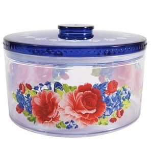 pioneer woman plastic treat Blue and florak Container